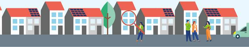 Een straat met verschillende woningtypen; mensen in gesprek tijdens een wijkwandeling.